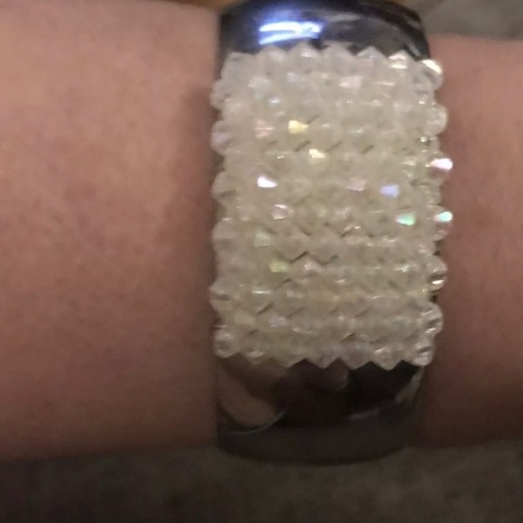 Aurora Borealis Geometric Square Beaded Large Thick Stainless Steel Cuff Bangle - Picture 4 of 12